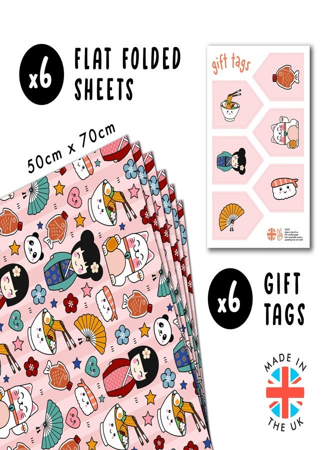 CENTRAL 23 Girls Wrapping Paper Birthday - 6 Sheets of Pink Gift Wrap - Cute Japanese Character - For Women Friends Her - Sushi Ramen - Comes with Fun Stickers - Image 2